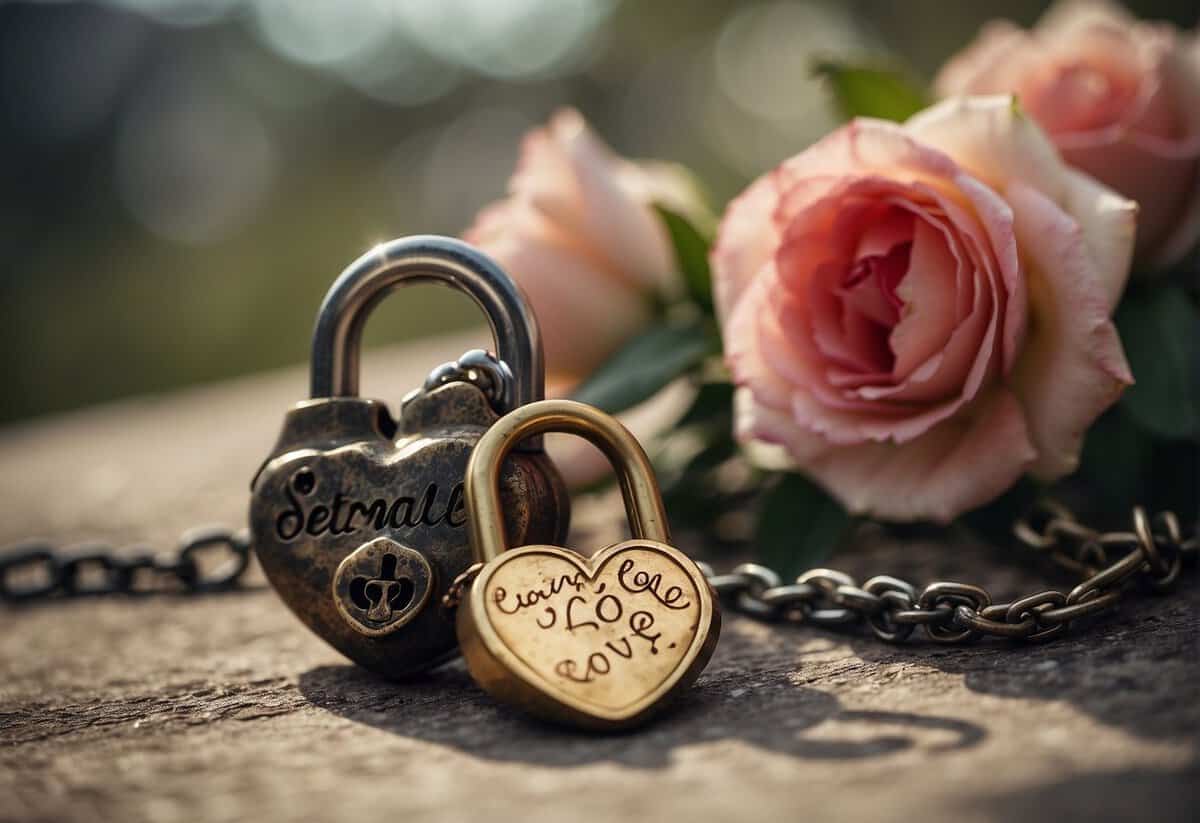 Two heart-shaped padlocks, one engraved with "eternal" and the other with "crazy love 500+ love", sit beside pink roses on a wooden surface.