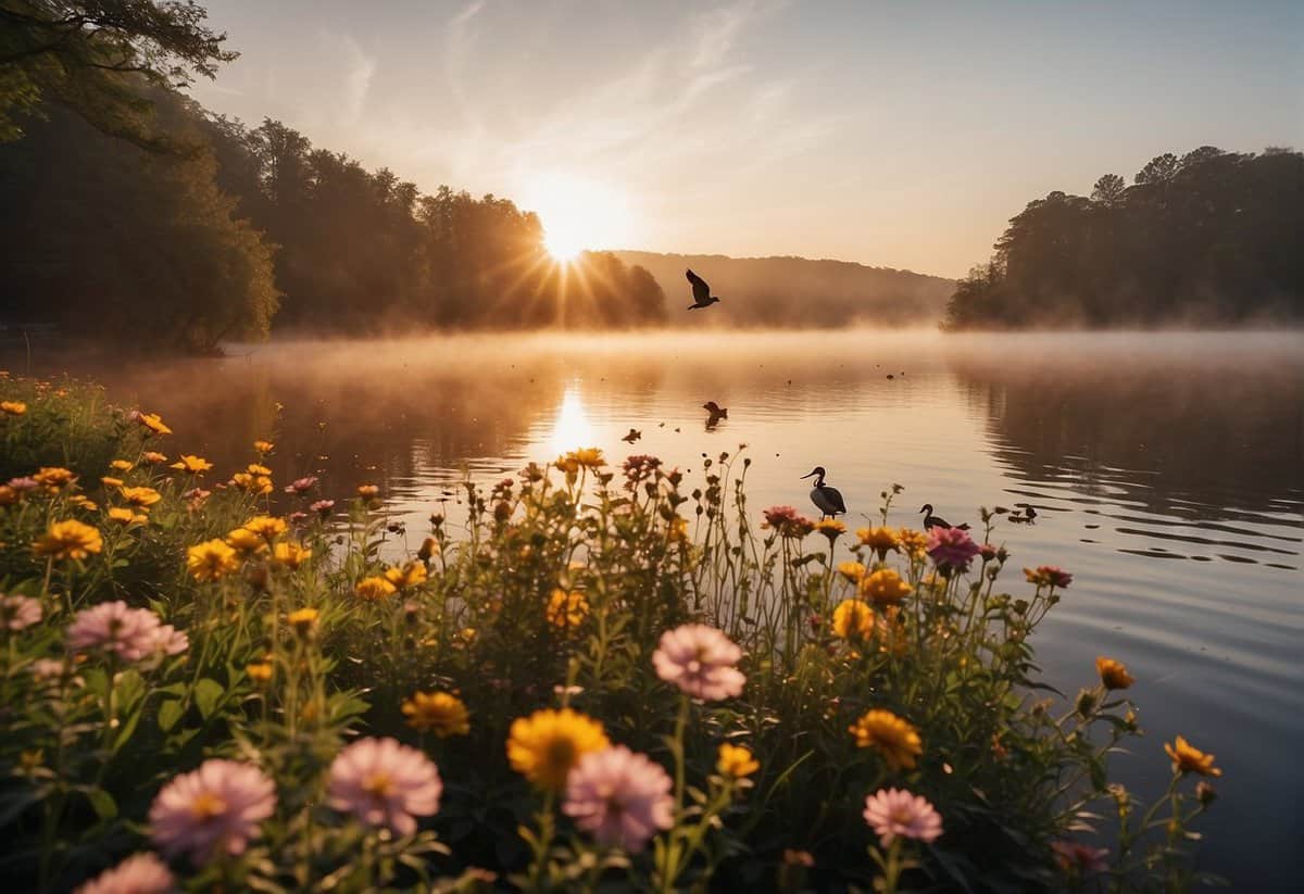 Sunrise over a misty lake with colorful wildflowers in the foreground, ducks swimming, and a bird flying above the water.