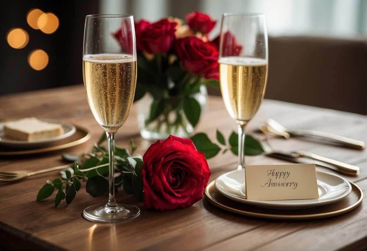Two champagne glasses, a red rose, and a card reading "Happy Anniversary" sit on a set dining table with a bouquet of red roses in the background.