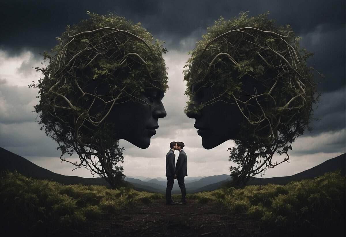 Two people stand close together outdoors beneath two large sculpted faces formed from intertwined branches and foliage, set against a dramatic cloudy sky.