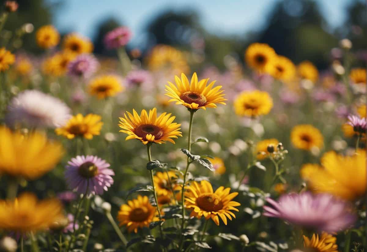 A field of yellow and purple daisies in bloom under a clear sky, with trees blurred in the background.