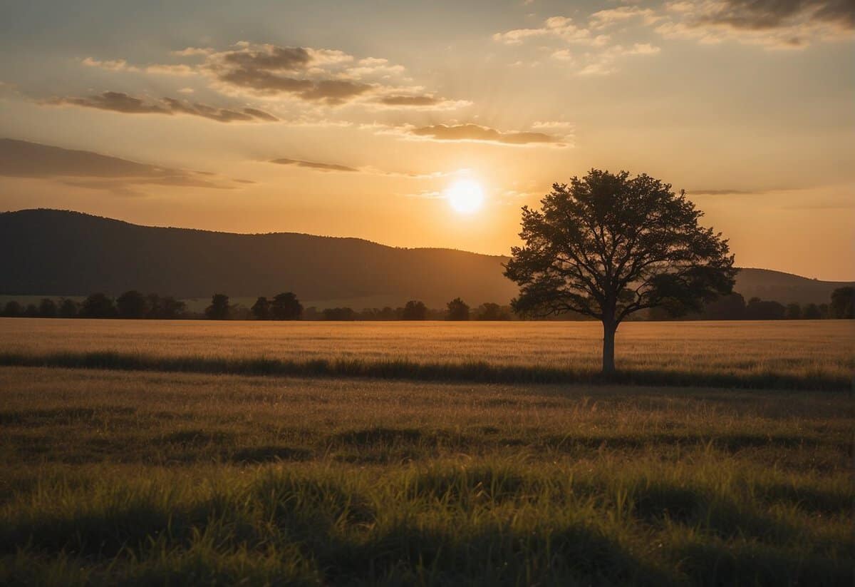 A solitary tree stands in an open field at sunset, with mountains and scattered clouds in the background and sunlight casting long shadows on the grass.