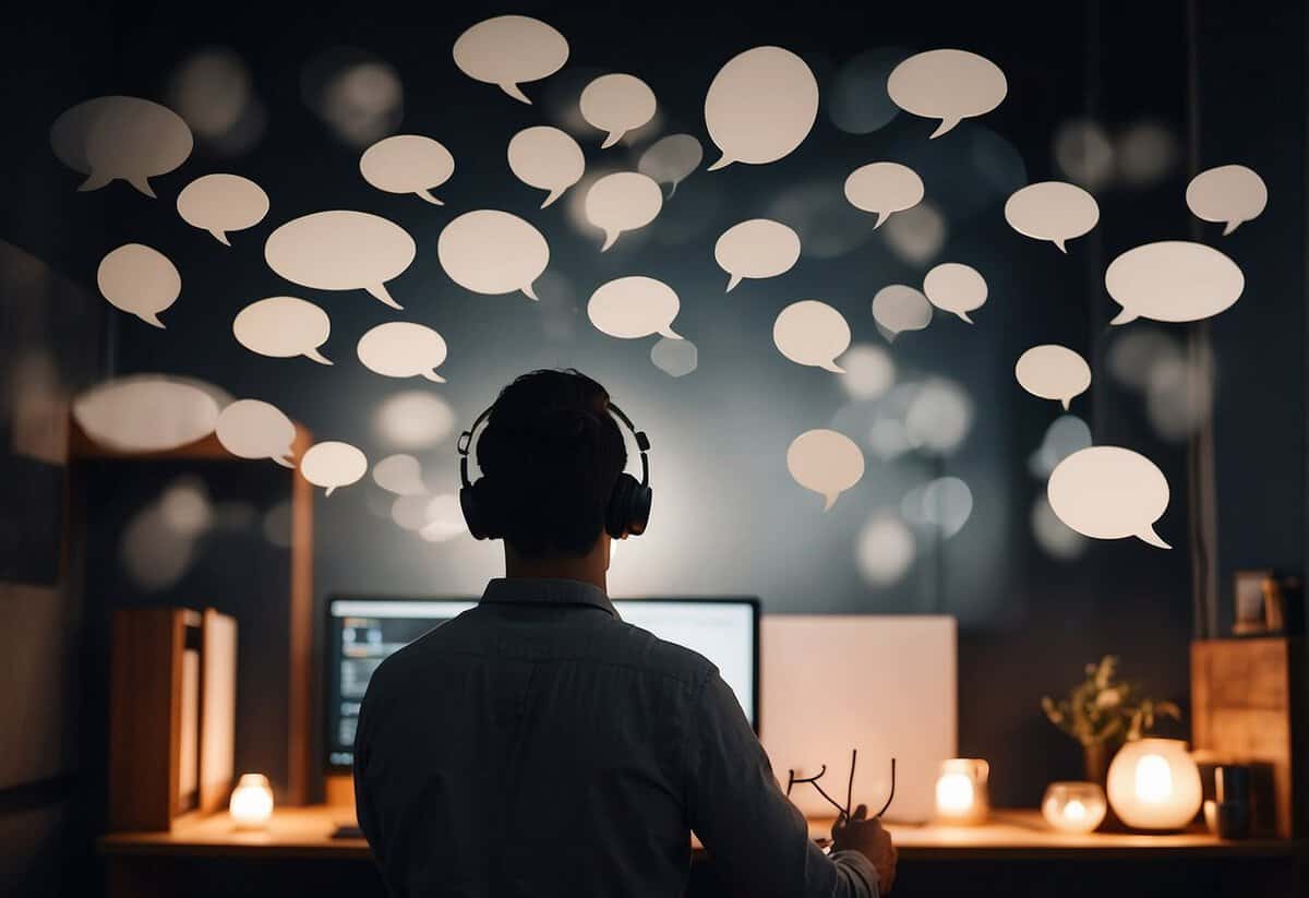 Person wearing headphones sits at a desk with a computer, surrounded by floating paper speech bubbles, in a dimly lit room.