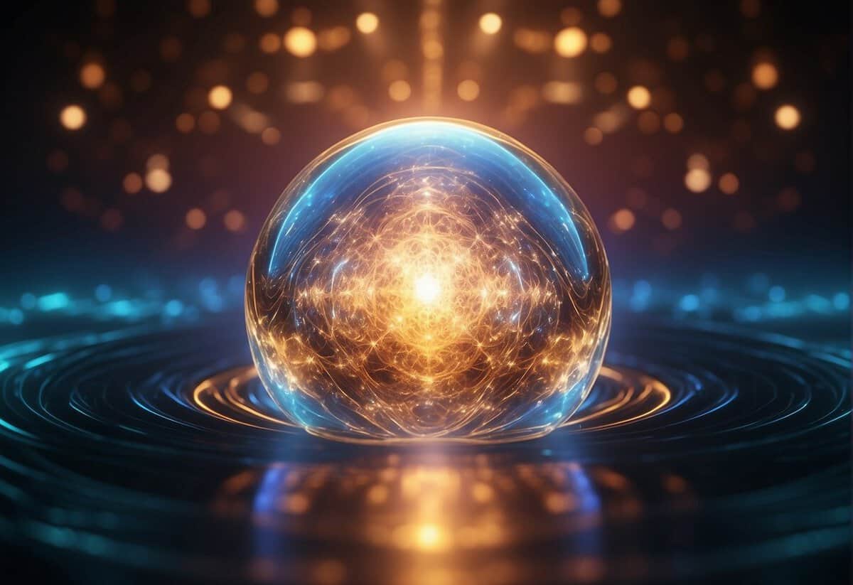 A glowing, spherical orb with intricate light patterns sits at the center of concentric rings, surrounded by blue and orange illumination.