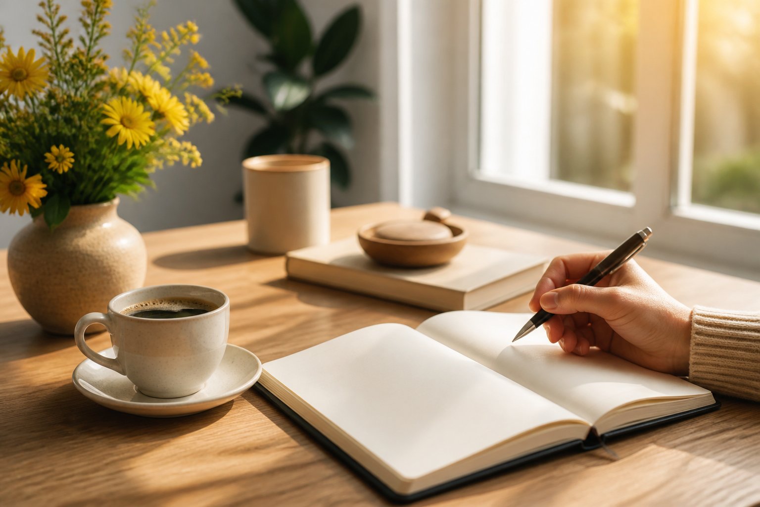 A sunlit workspace with a blank journal, coffee cup, yellow flowers, and a hand holding a pen.