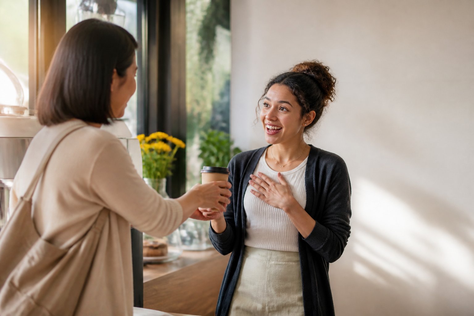 A person gives a takeaway coffee to another person, who smiles gratefully in a bright café.