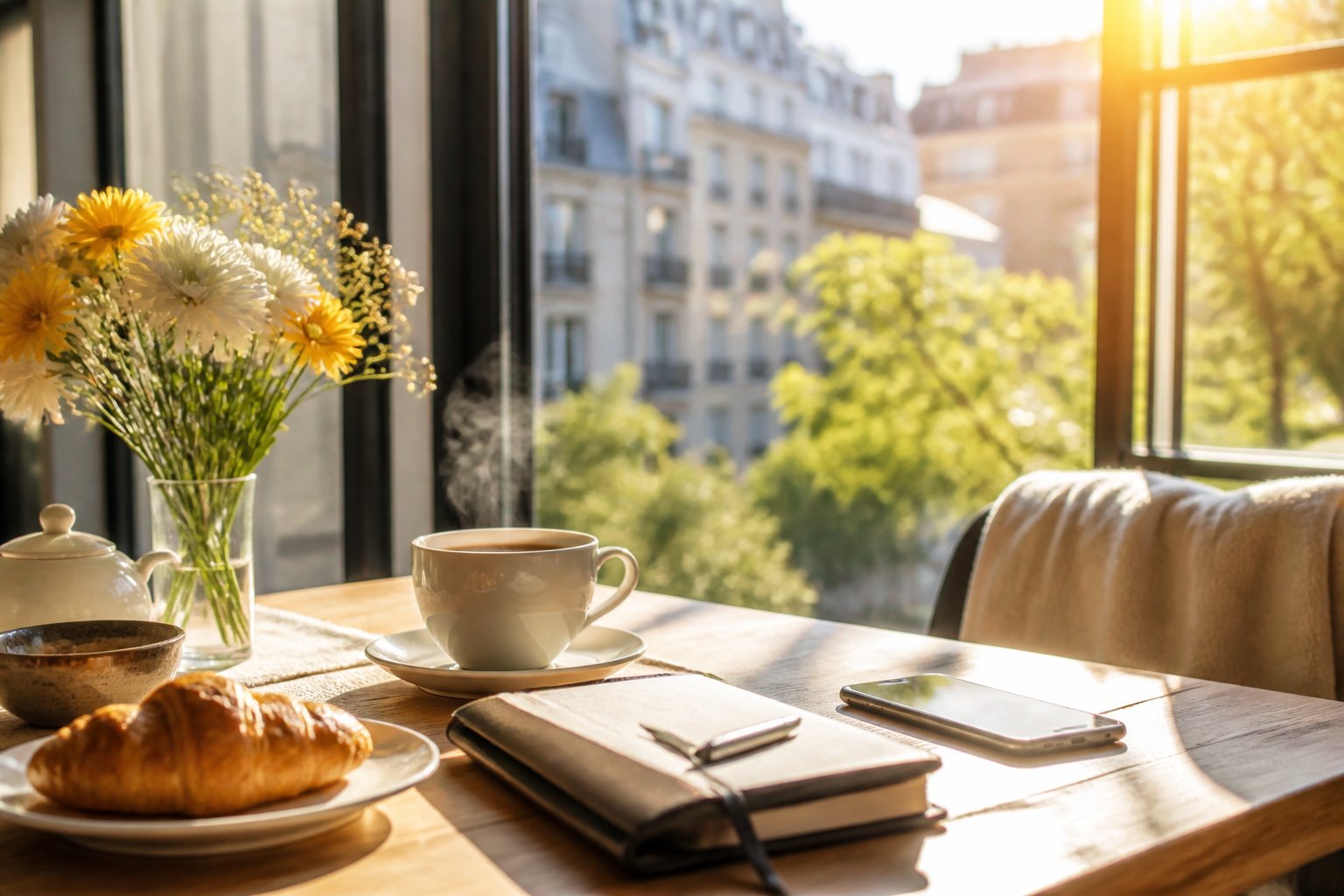 A sunlit breakfast table with coffee, flowers, and a notebook beside a bright window.