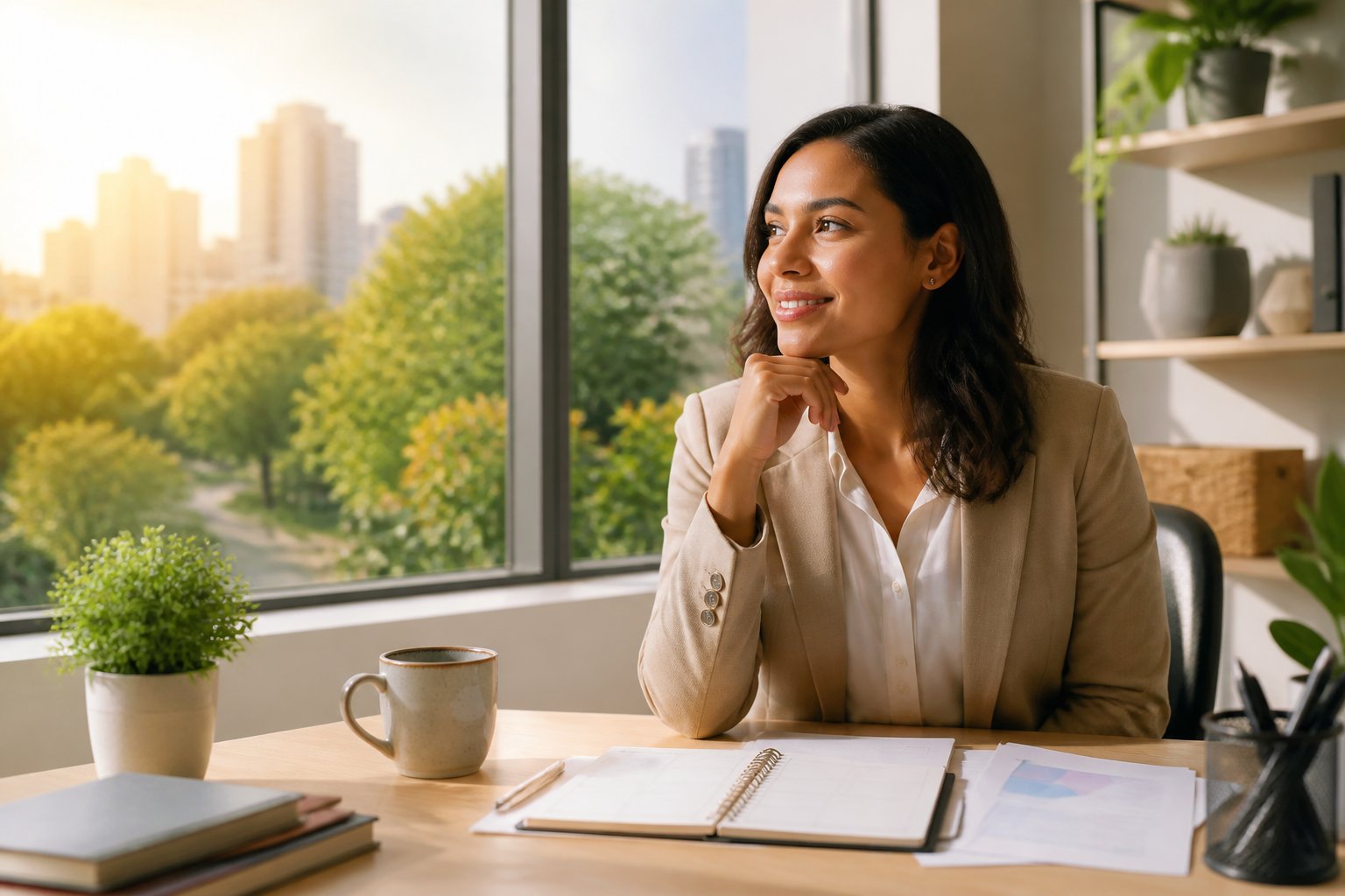 A smiling professional sits at a desk in a sunlit workspace with a coffee cup, plant, and peaceful outdoor view.
