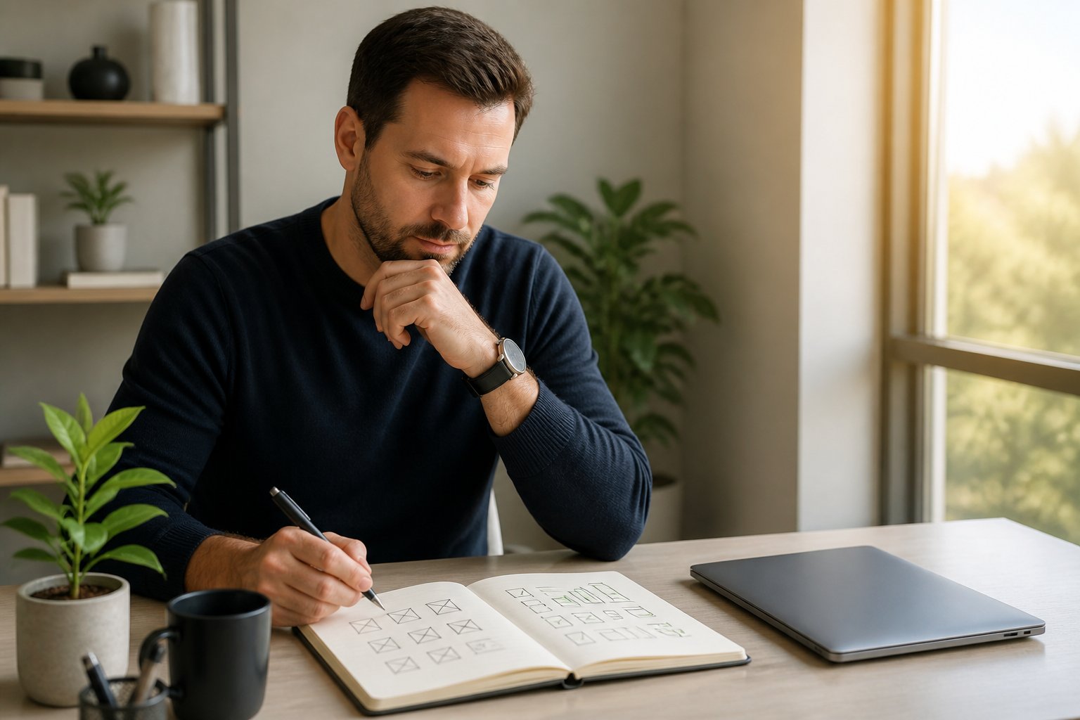 A reflective professional reviews notes at a sunlit desk beside a growing plant.