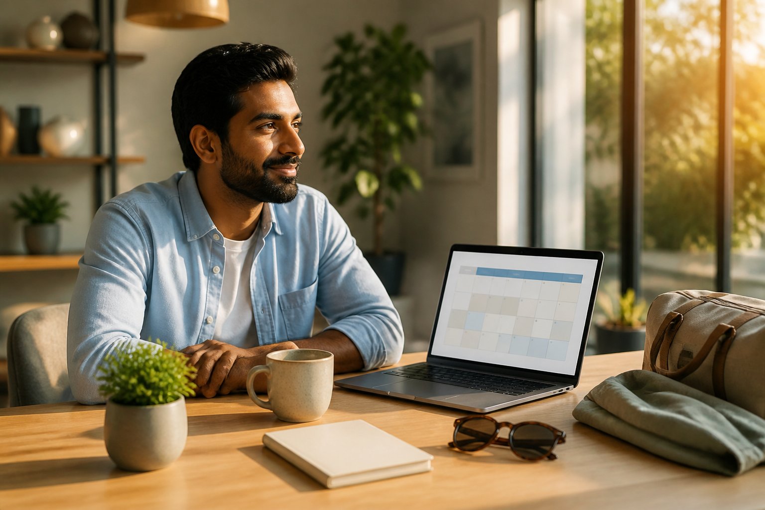 A relaxed professional enjoys coffee at a bright desk while preparing for the weekend.