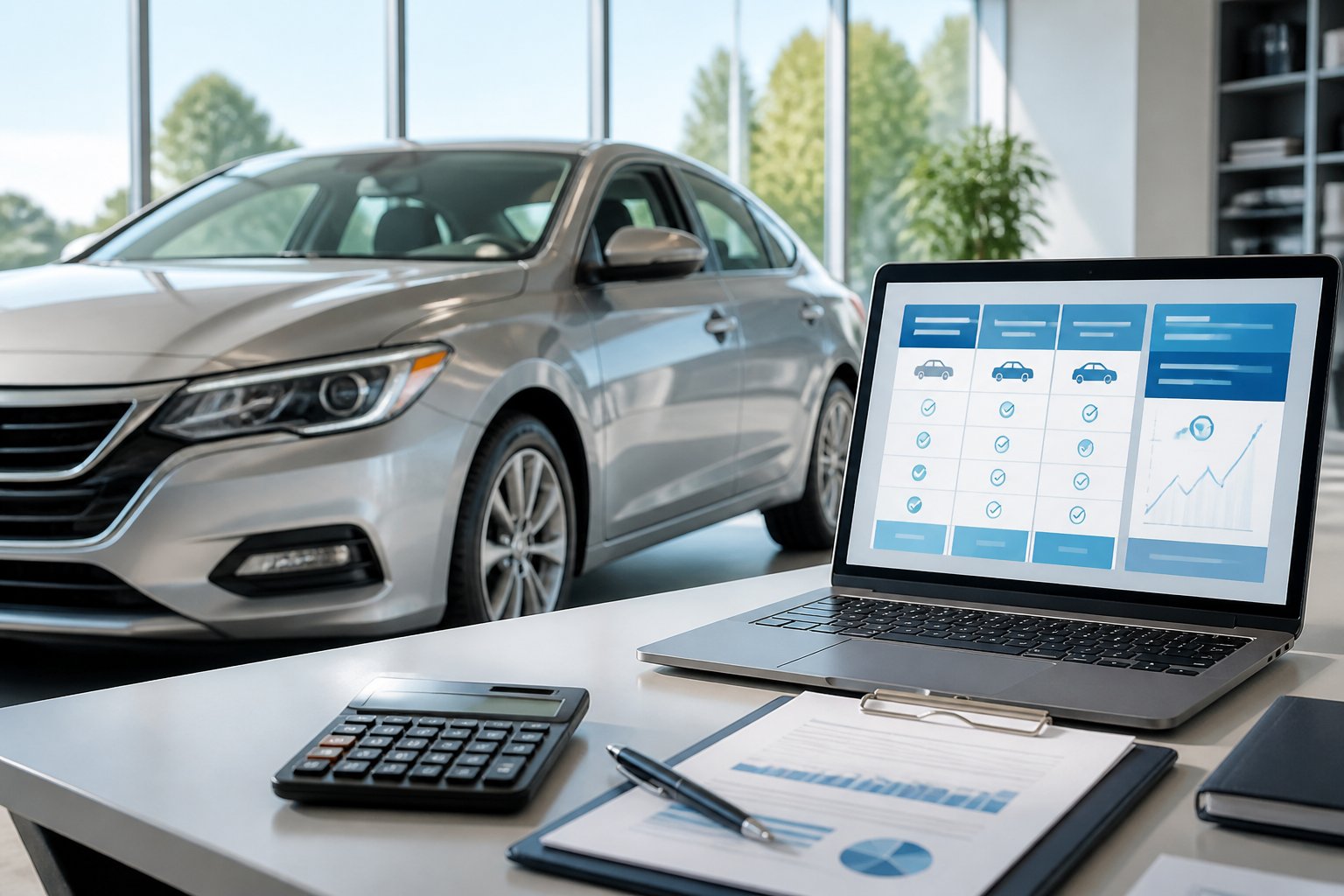 A silver sedan parked beside a desk with a laptop, calculator, and paperwork.
