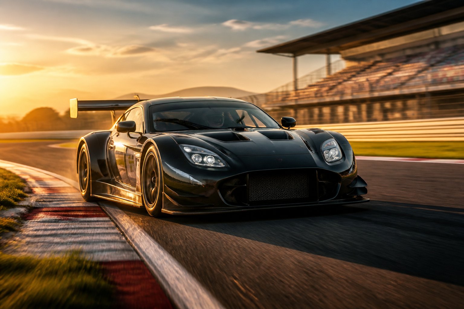 A sleek racing car speeds through a sunlit circuit corner.