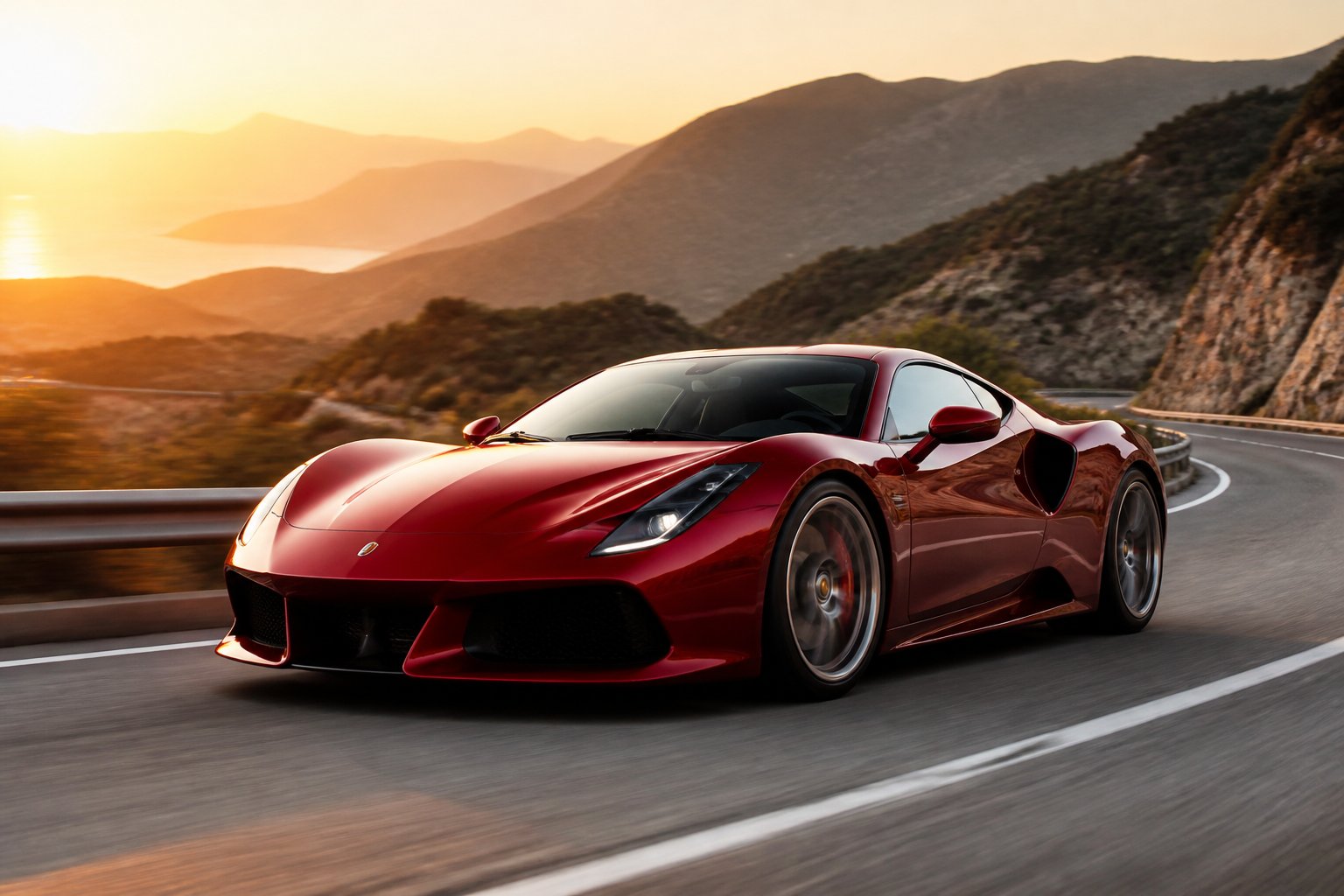 A red sports car drives along a winding mountain road at sunset.