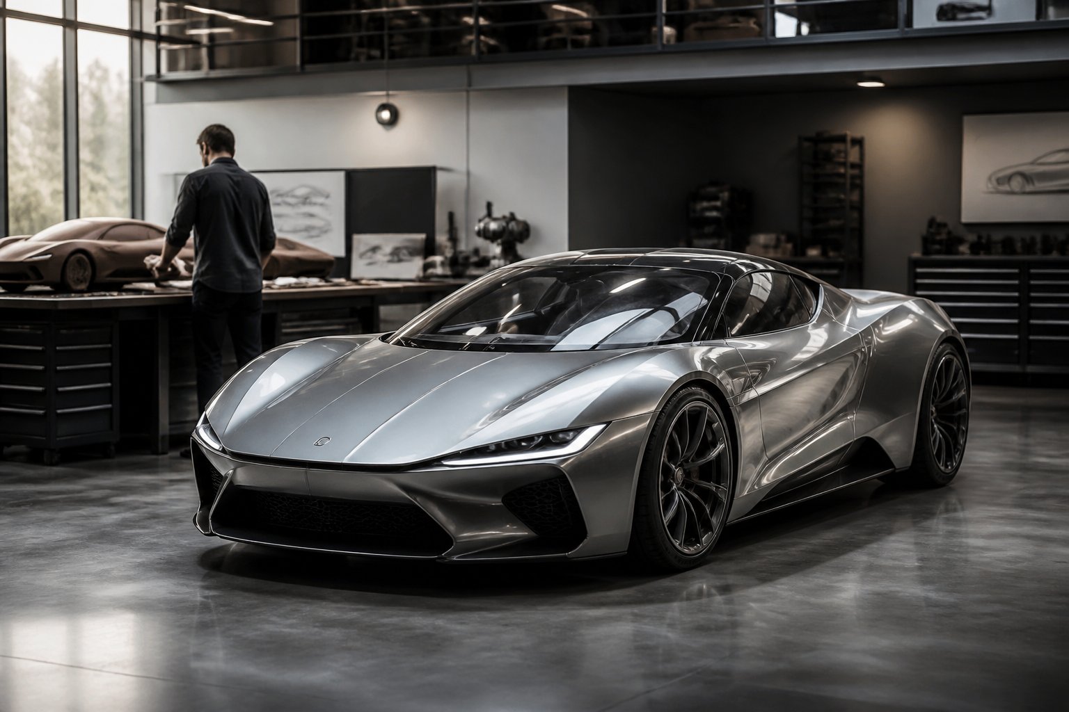 A sleek sports car prototype is displayed in a modern workshop while an engineer studies it.