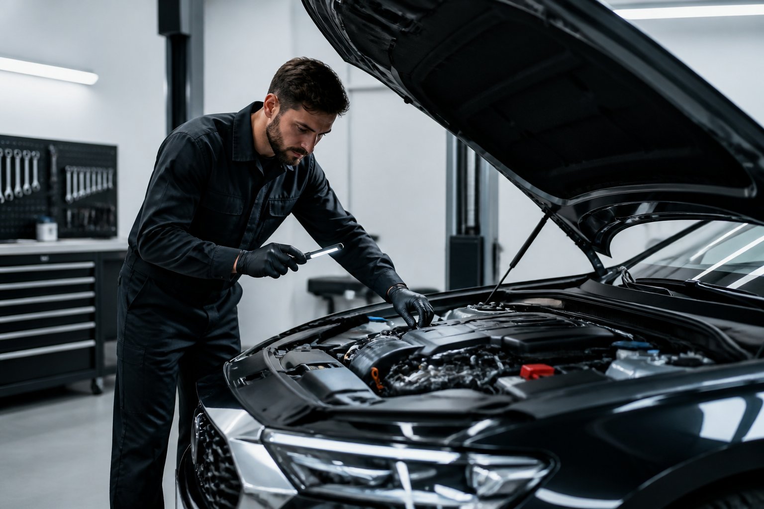 A technician carefully inspects a polished car in a clean automotive workshop.