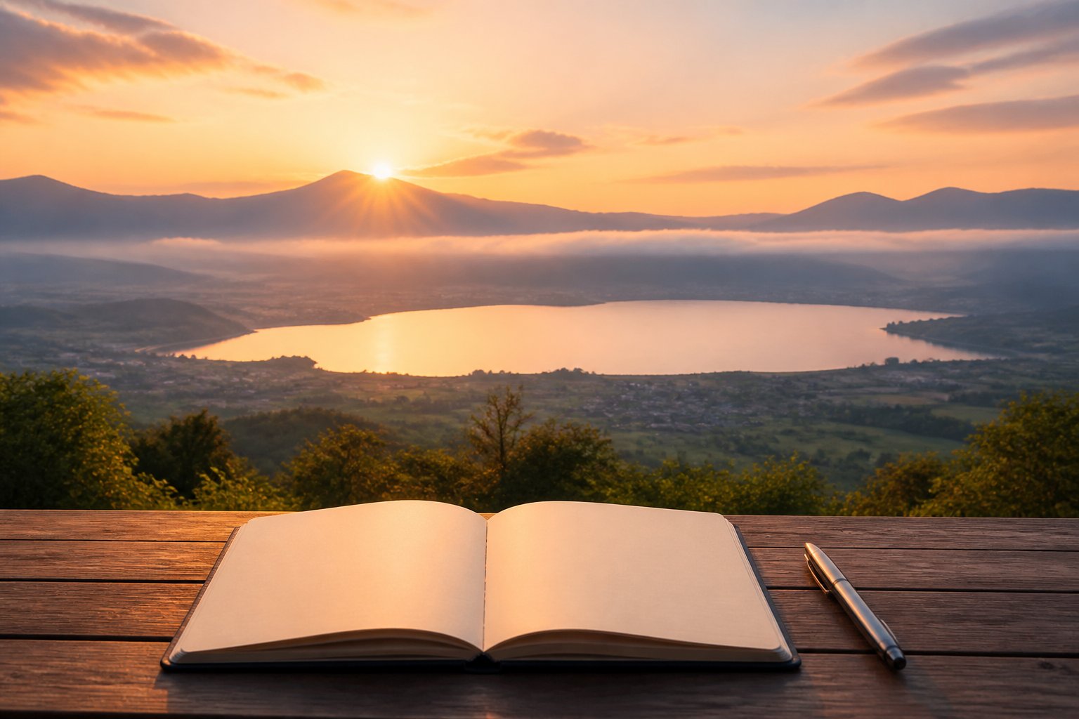 A golden sunrise over mountains and a calm lake beside an open blank notebook.