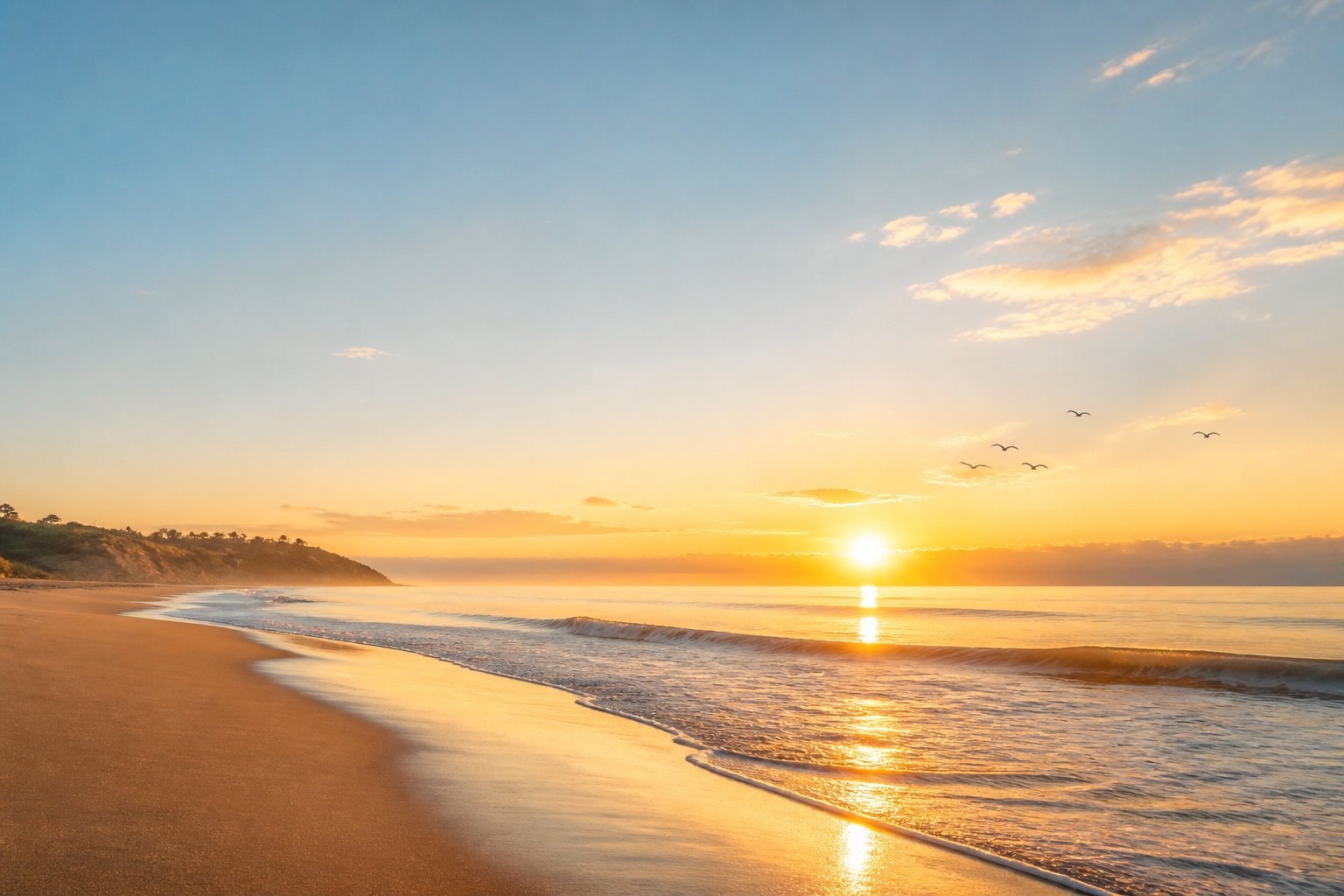 A golden sunrise over a calm shoreline with glowing clouds and sunlight reflecting on the water.