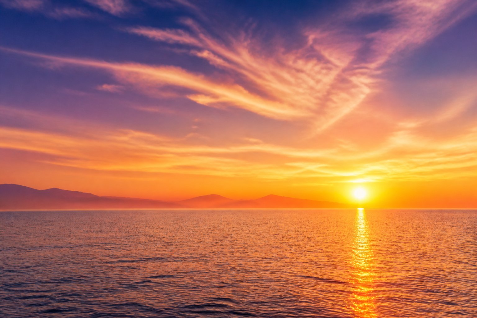 A golden sun rises over a calm ocean, illuminating the sky and water.