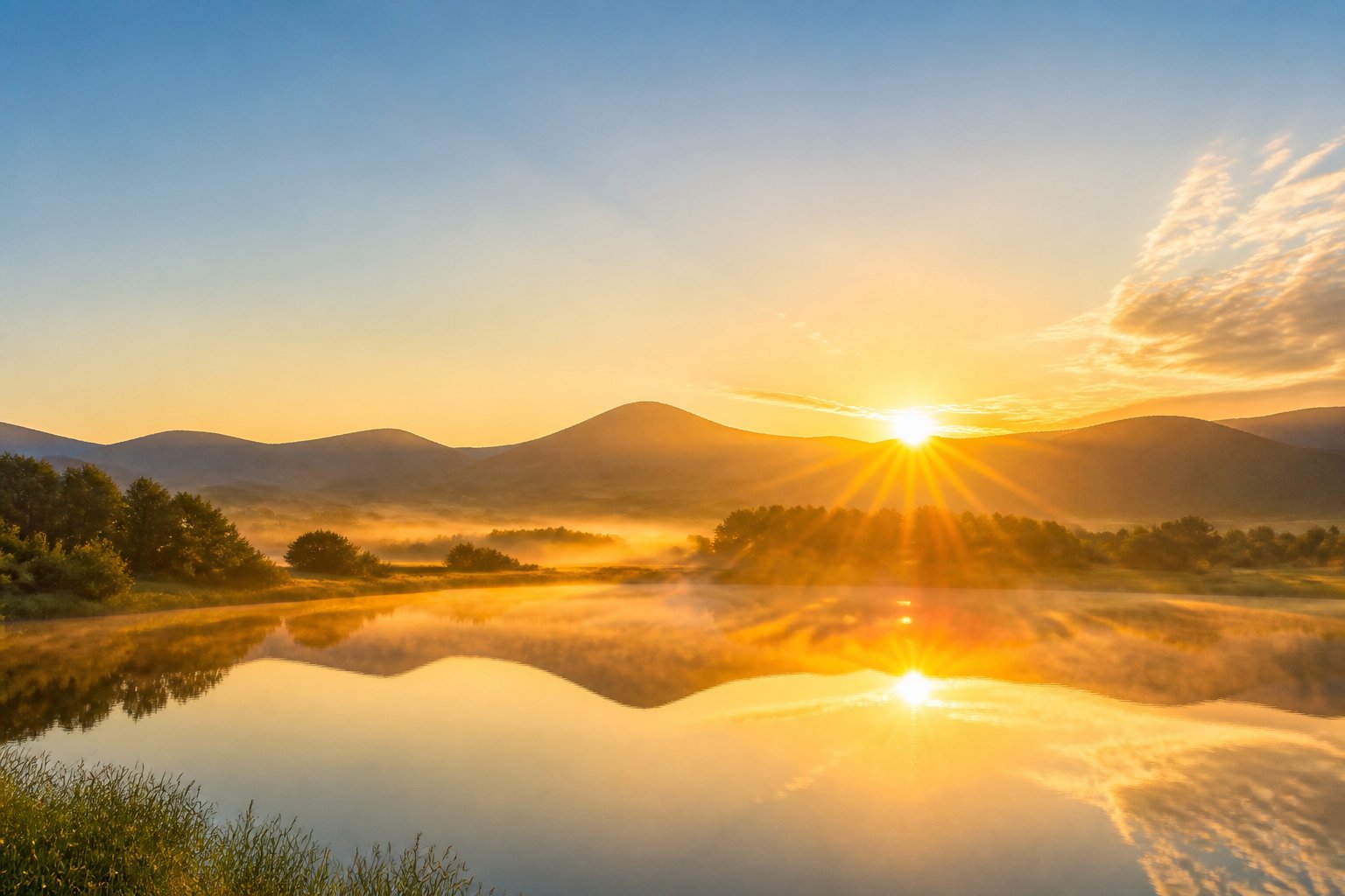 Golden sunlight rises over a calm lake, hills, and morning mist.