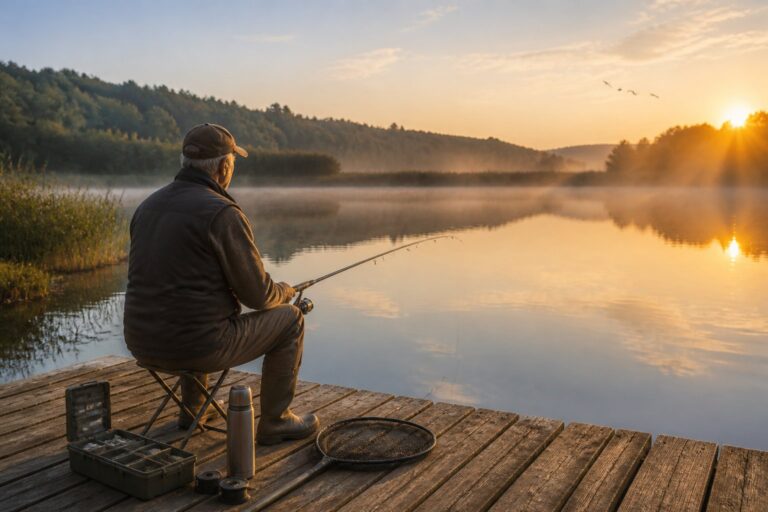 An older man sits on a wooden dock fishing at sunrise, with mist over a calm lake, surrounded by trees and fishing gear nearby.