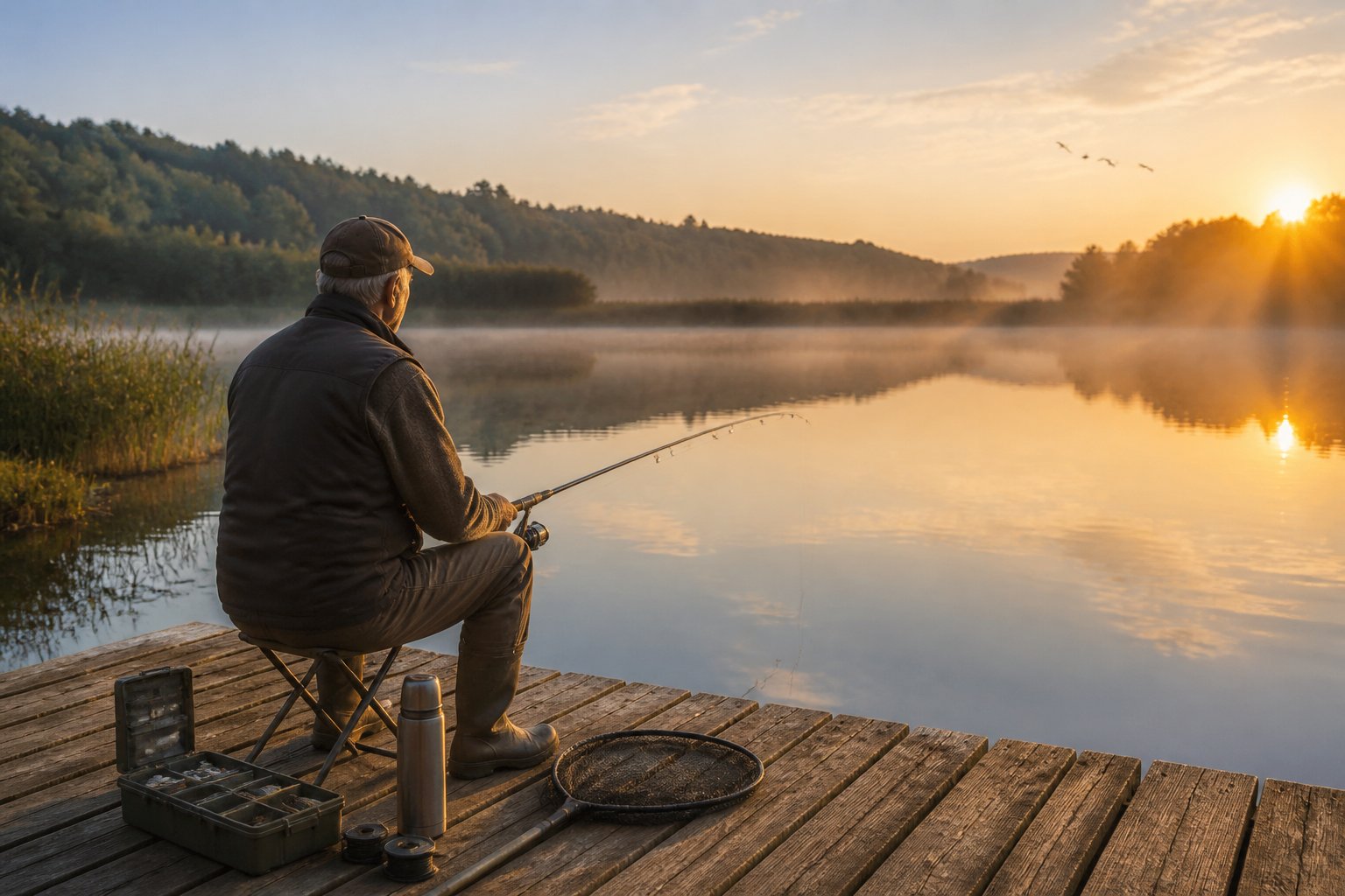 An older man sits on a wooden dock fishing at sunrise, with mist over a calm lake, surrounded by trees and fishing gear nearby.