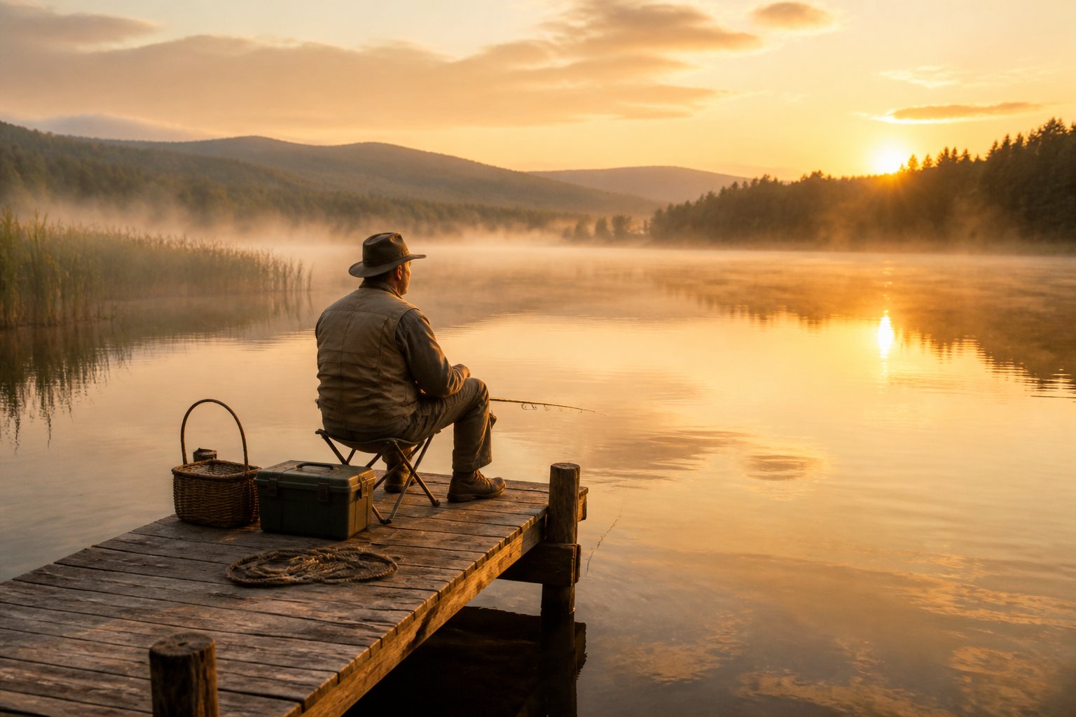 A lone angler sits on a dock overlooking a calm misty lake at sunrise.