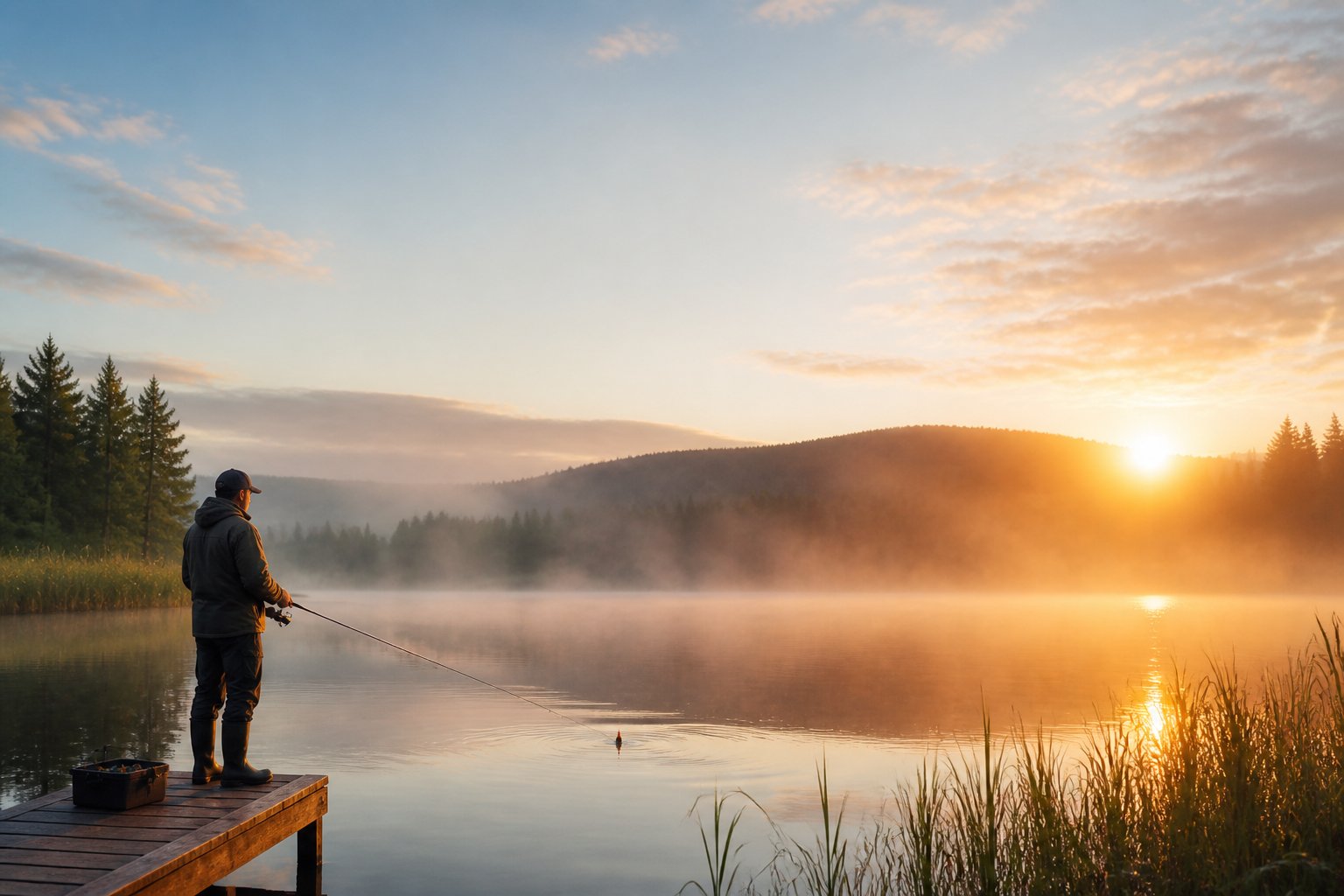 An angler fishes from a wooden dock on a calm misty lake at sunrise.