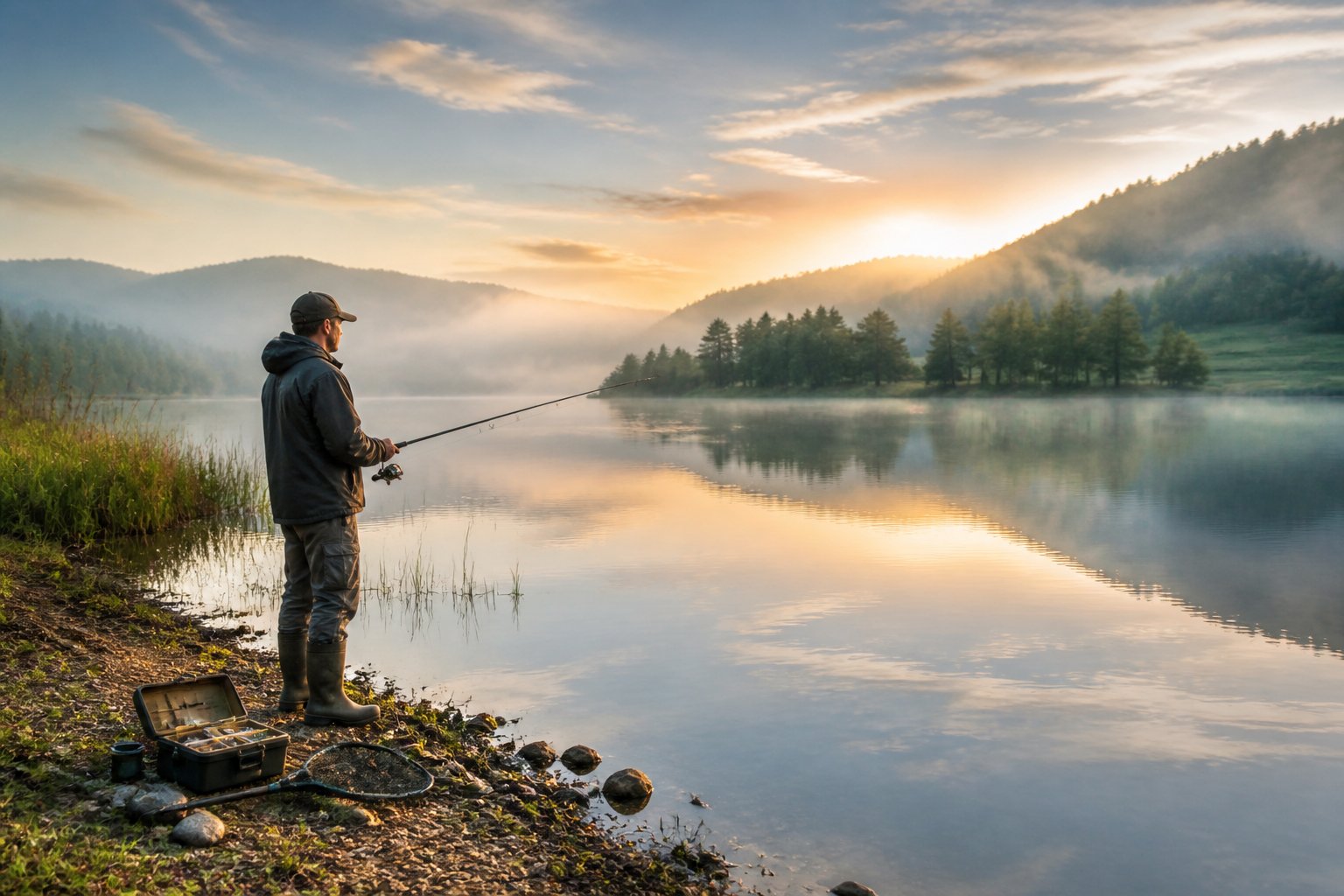 An angler stands on a quiet lakeshore holding a fishing rod at dawn.