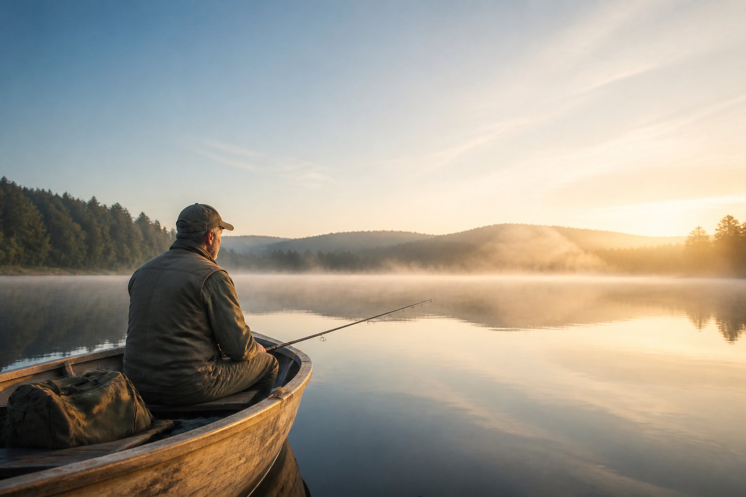 A lone angler sits in a small boat on a misty lake at sunrise.