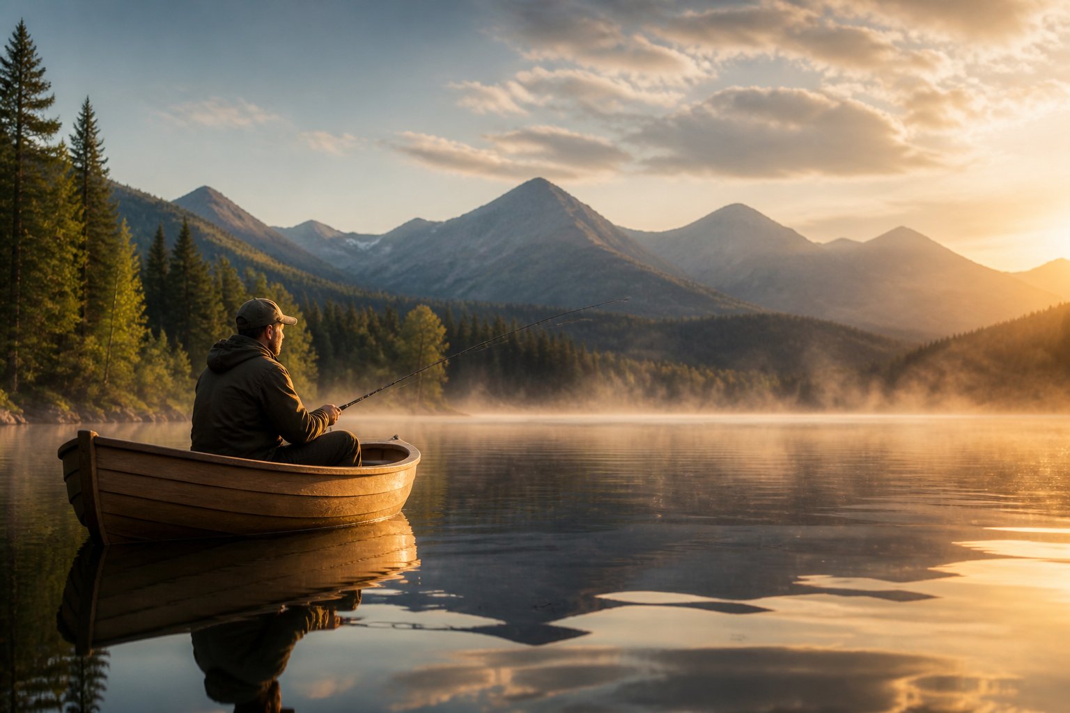An angler sits quietly in a small boat on a calm mountain lake surrounded by misty forested hills.