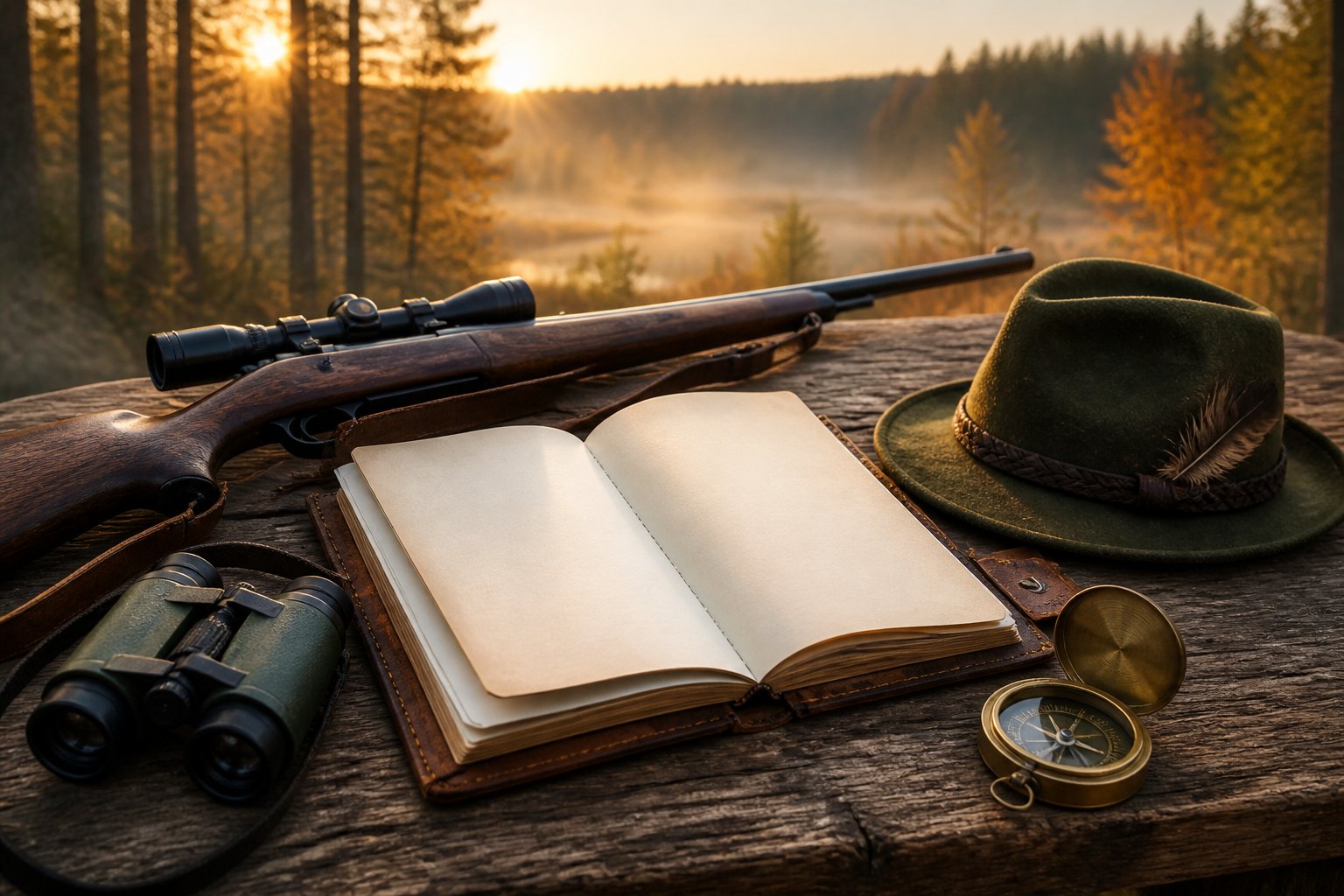 A blank journal and hunting gear rest on a wooden table beside a misty forest at dawn.