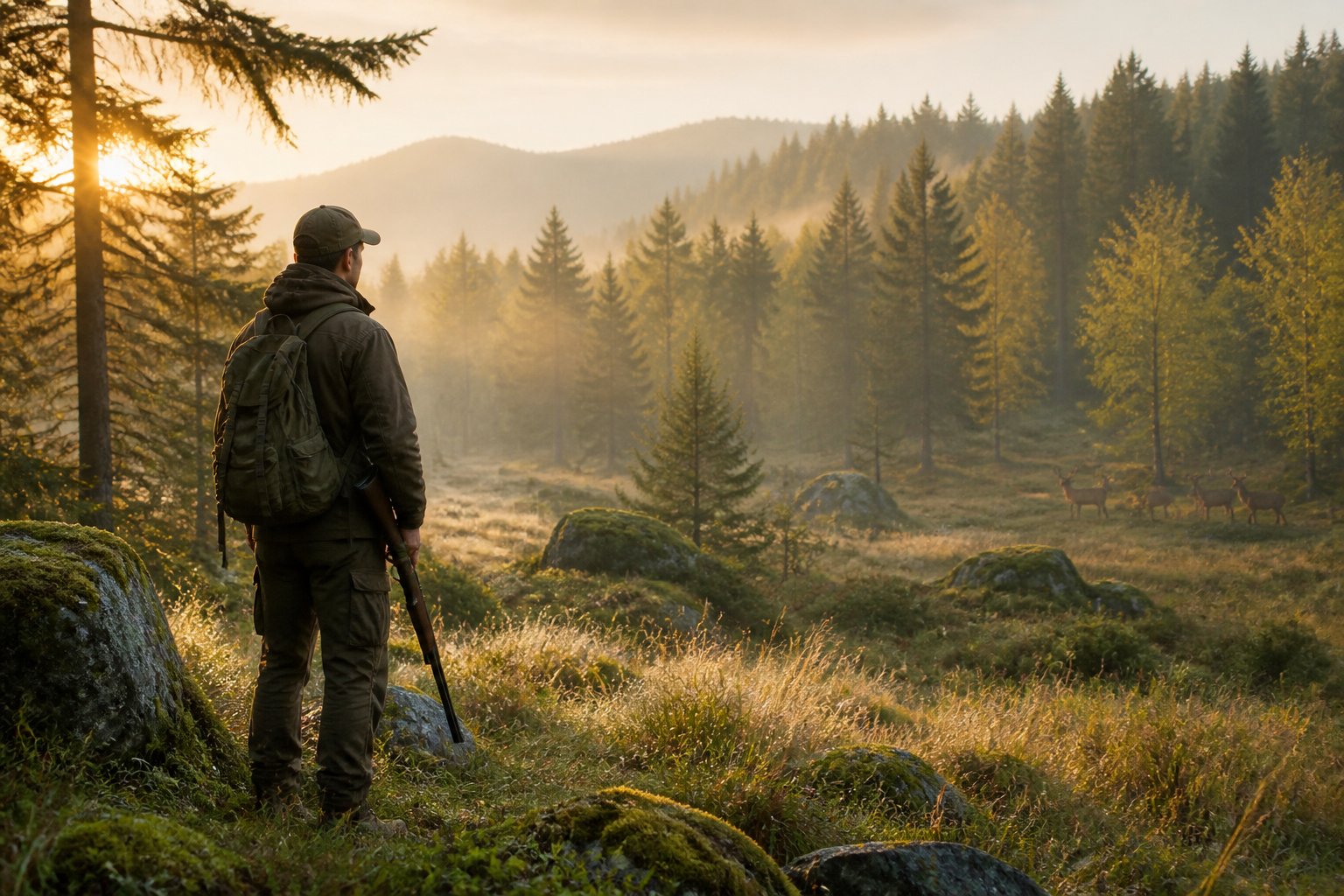 A hunter quietly observes a misty forest clearing with deer in the distance.