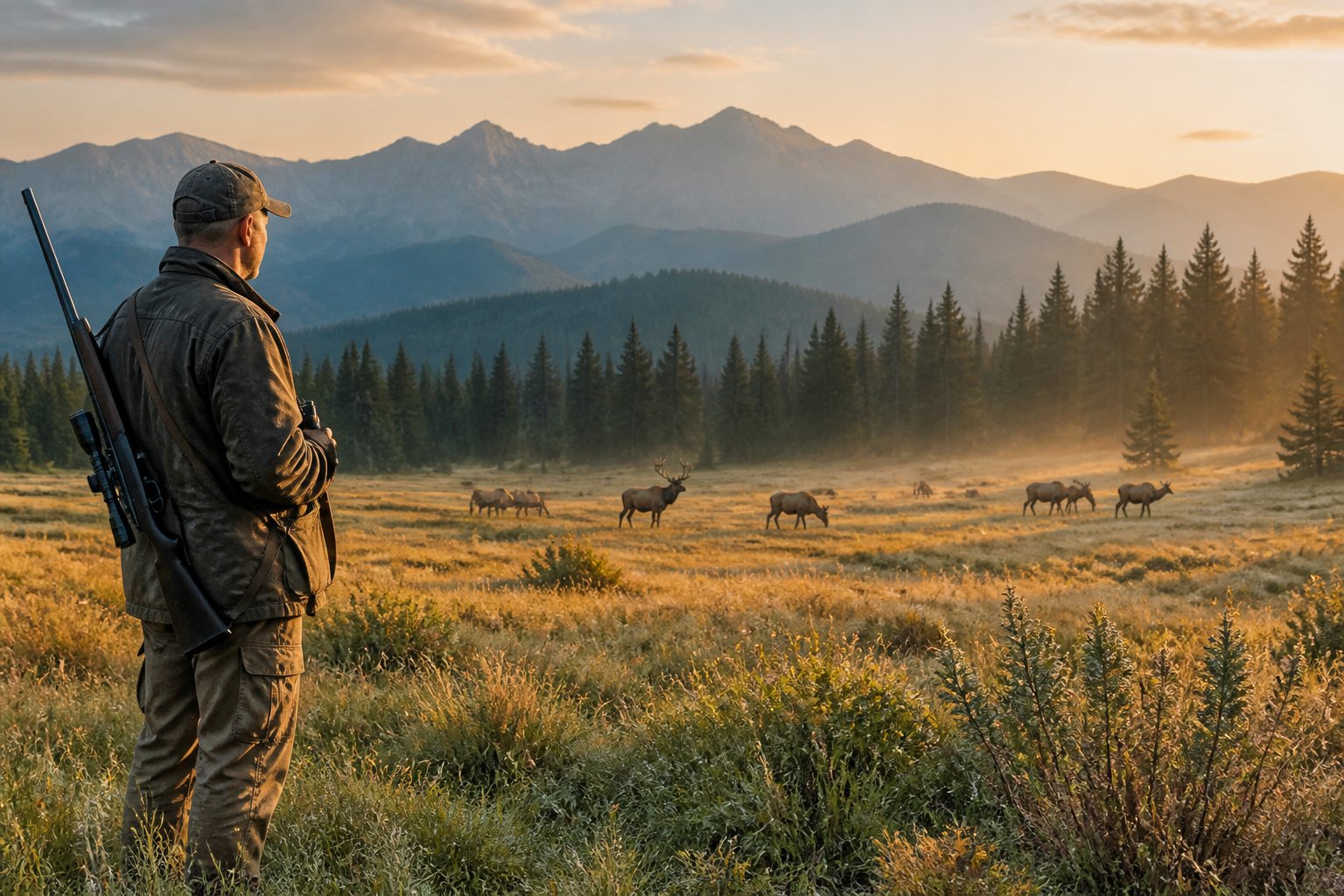 A hunter quietly watches a herd of elk in a misty mountain meadow at sunrise.
