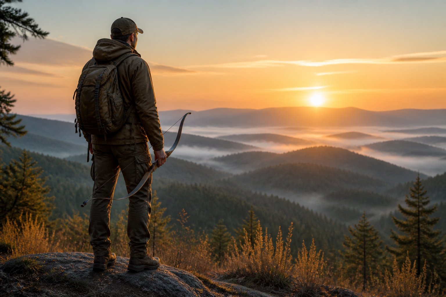 An archer stands on a forested overlook watching the sunrise over misty hills.