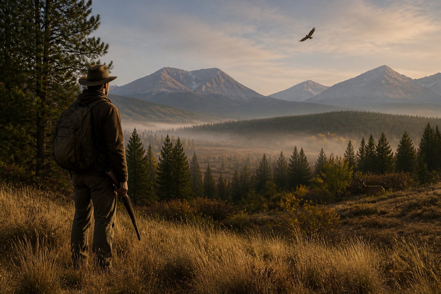 A hunter stands quietly at the edge of a misty wilderness landscape with trees, mountains, and distant wildlife.