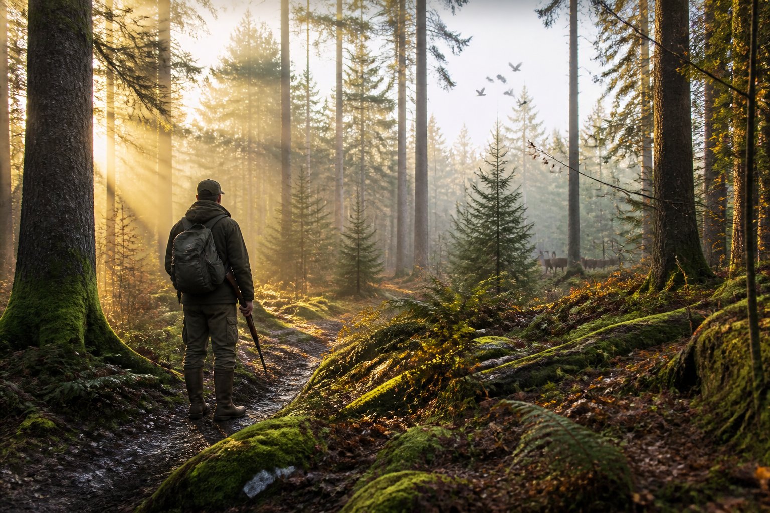 A hunter stands quietly at the edge of a misty forest at dawn while deer move among the trees.