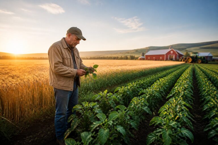 A man inspects green crops in a field at sunrise with a red barn, tractor, and golden wheat in the background.