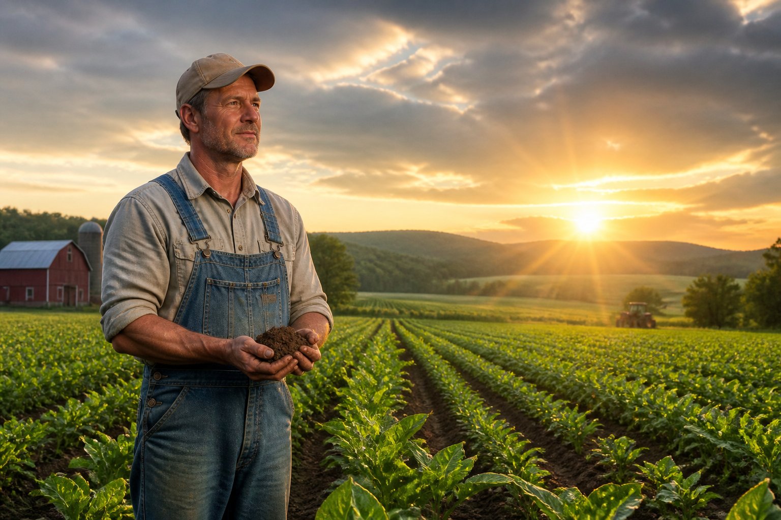 A hopeful farmer stands in a green field at sunrise, holding soil and looking toward the horizon.