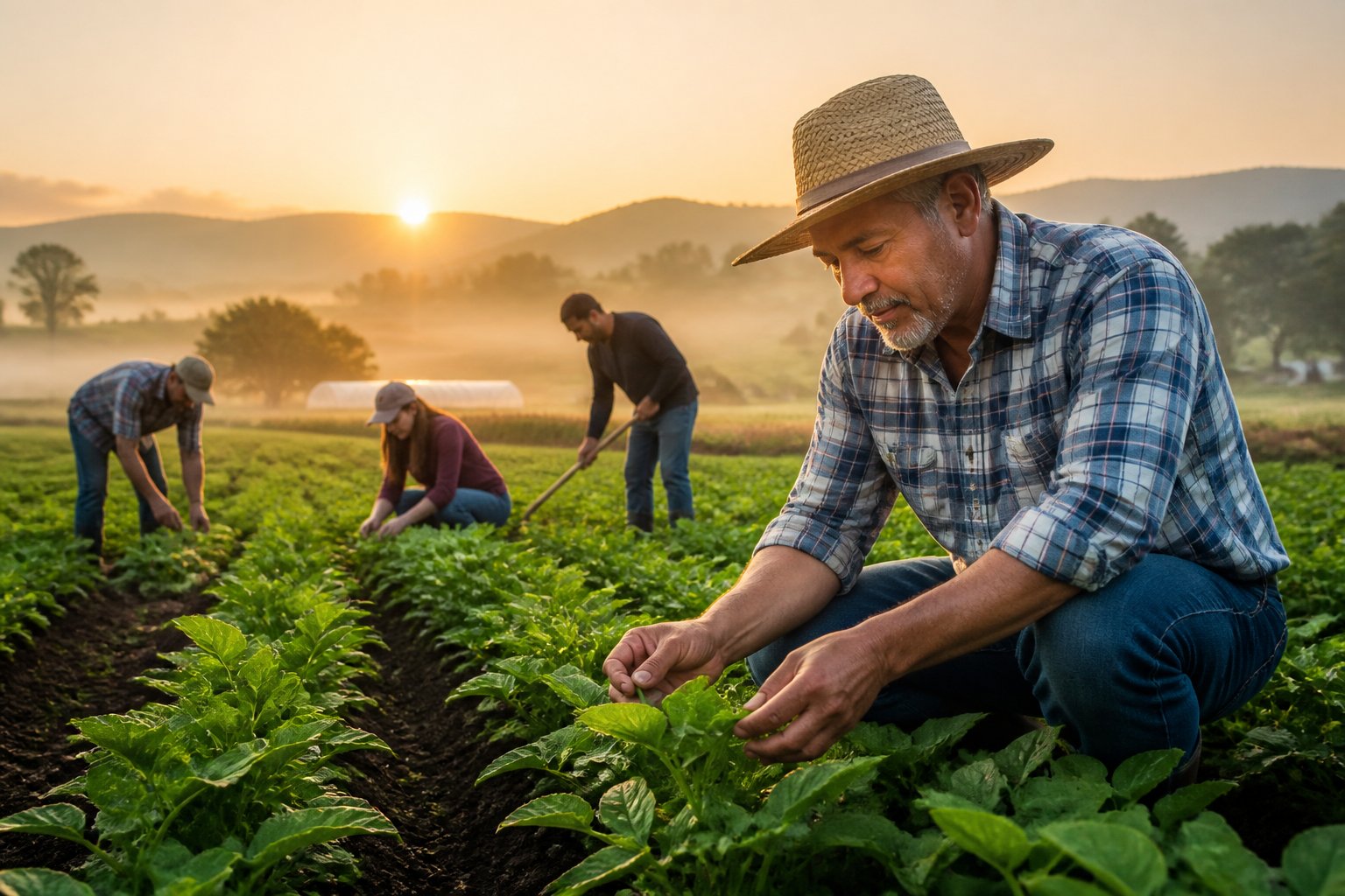 Farmers work together among healthy crops in a sunlit field at sunrise.