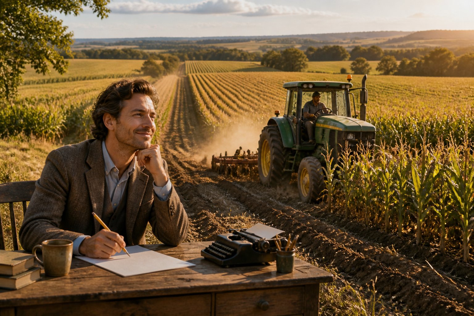 A writer uses a pencil at a desk beside a cornfield while a farmer works with a tractor in the distance.
