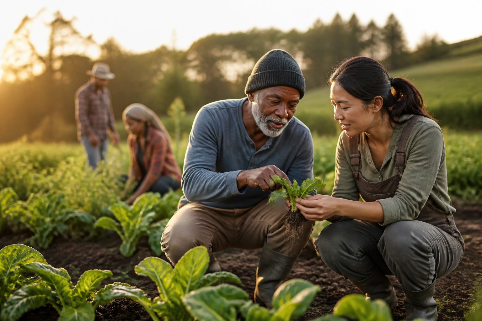 Farmers stand together in a fertile field, examining healthy crops in warm evening sunlight.