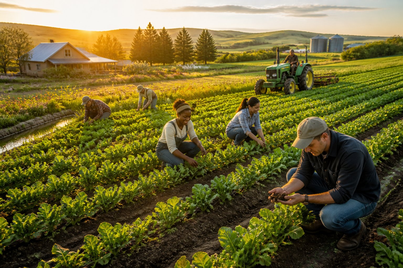 Farmers work together in a thriving green field at sunrise.