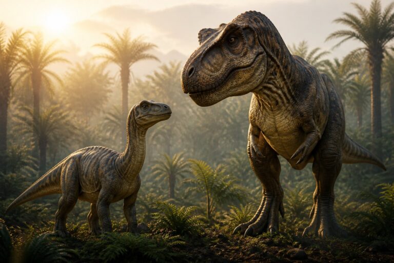 Two dinosaurs stand on forest ground with ferns and palm trees, one larger and one smaller, in warm sunlight with misty mountains in the background.