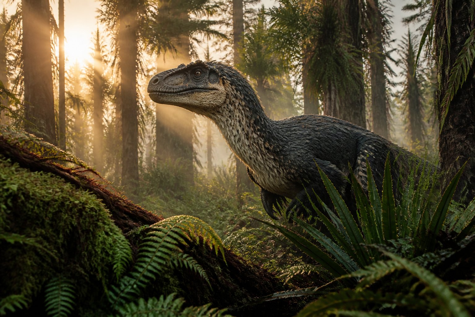 A dinosaur emerges from lush prehistoric vegetation as sunlight filters through the misty forest.