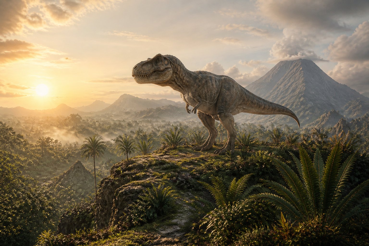A Tyrannosaurus rex stands on a misty tropical plateau surrounded by lush prehistoric vegetation at sunrise.