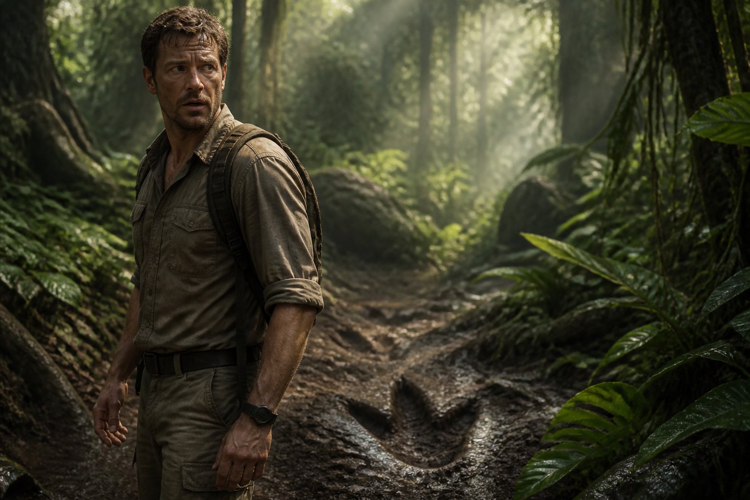 A cautious ranger stands in a misty jungle near large dinosaur tracks.