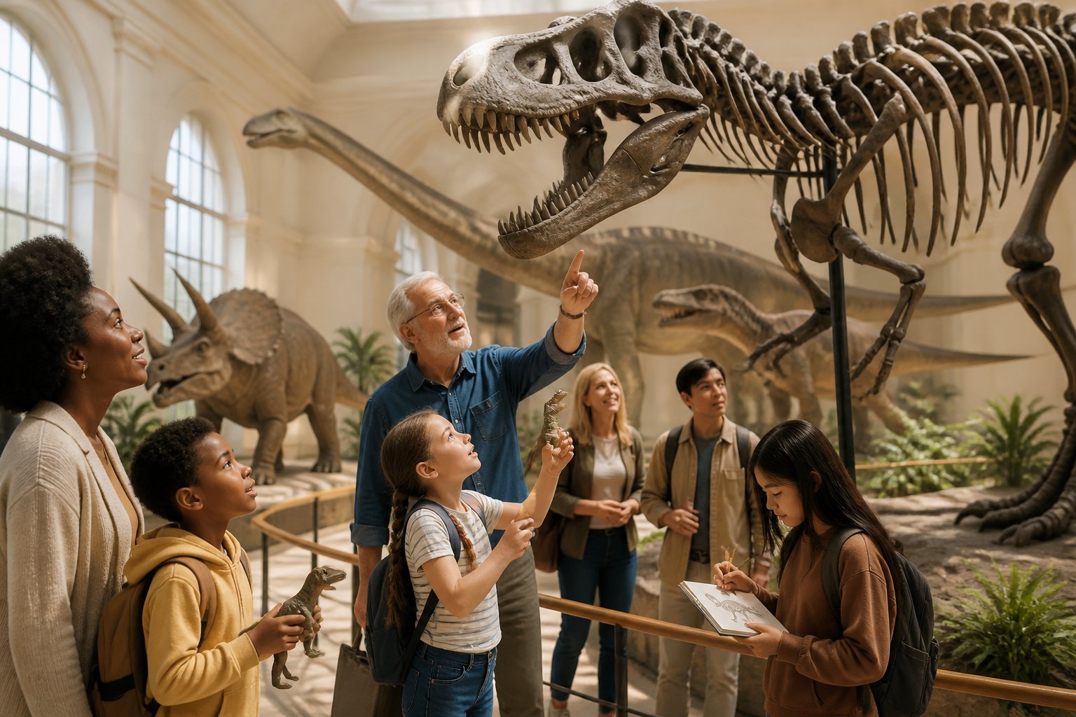 Children and adults admire a dinosaur skeleton in a natural history museum.