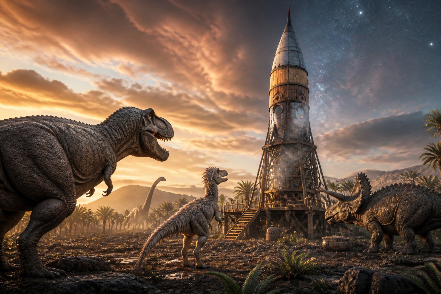Dinosaurs gather around a primitive rocket launch site in a prehistoric landscape.