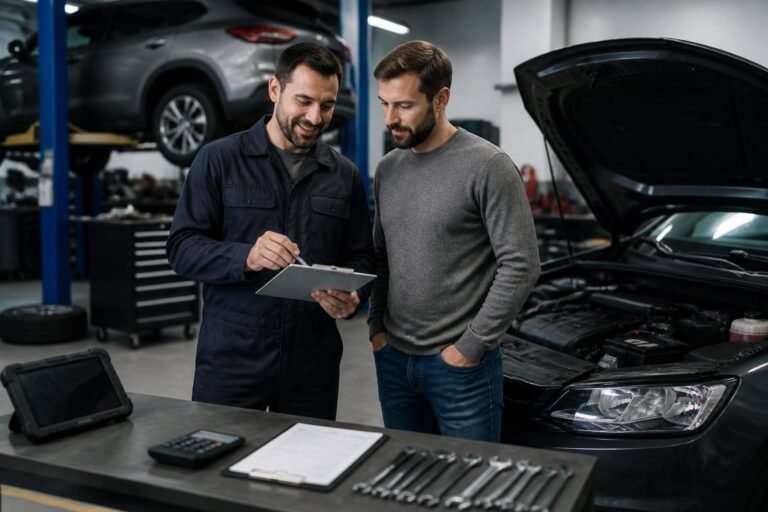 A mechanic shows a clipboard to a customer in an auto repair shop, with tools, a calculator, and a tablet on the counter, and cars visible in the background.