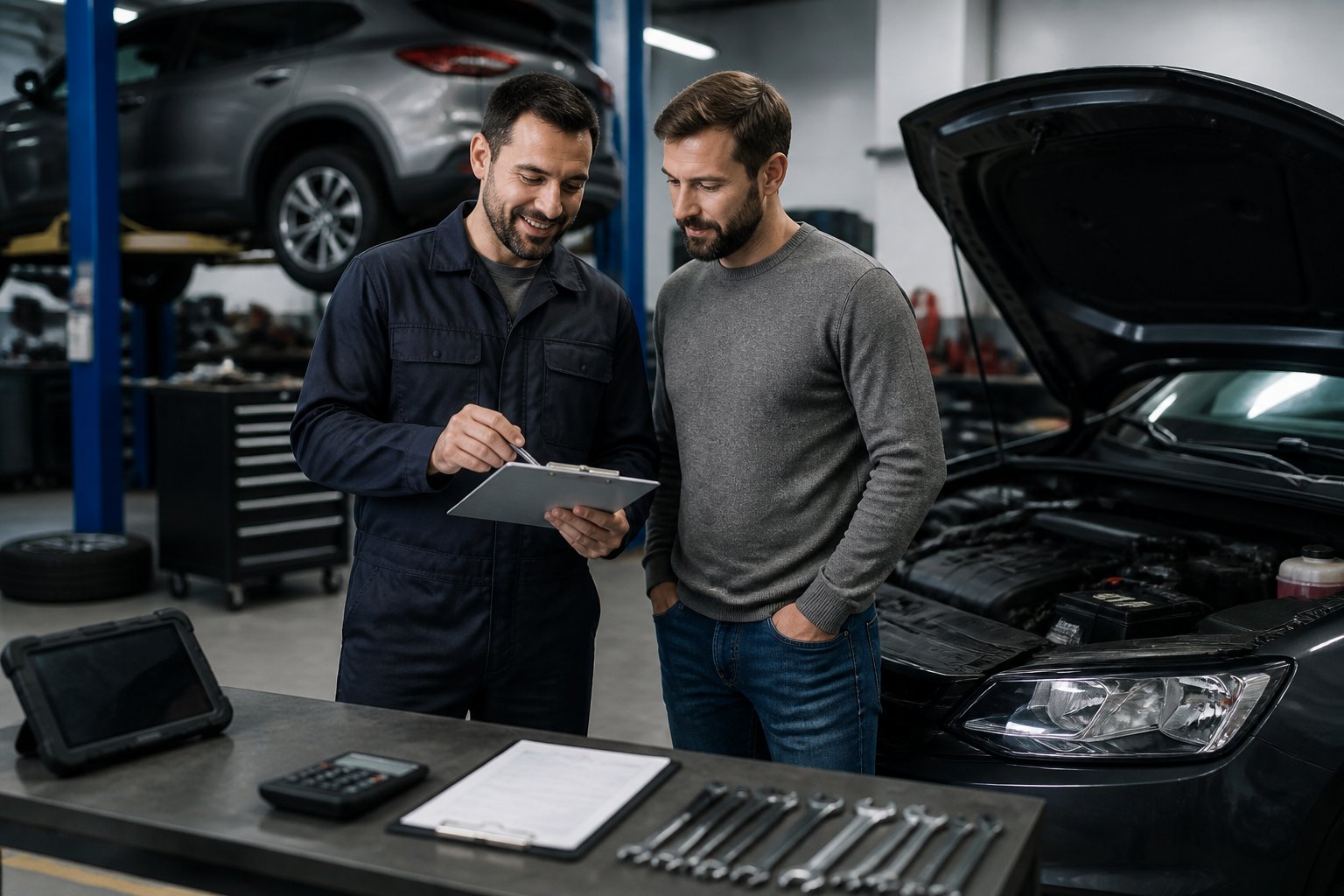 A mechanic shows a clipboard to a customer in an auto repair shop, with tools, a calculator, and a tablet on the counter, and cars visible in the background.